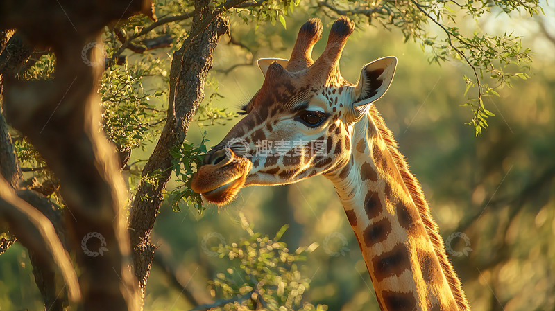 高清大图下载【趣麦麦图】长颈鹿树丛黄昏阳光
