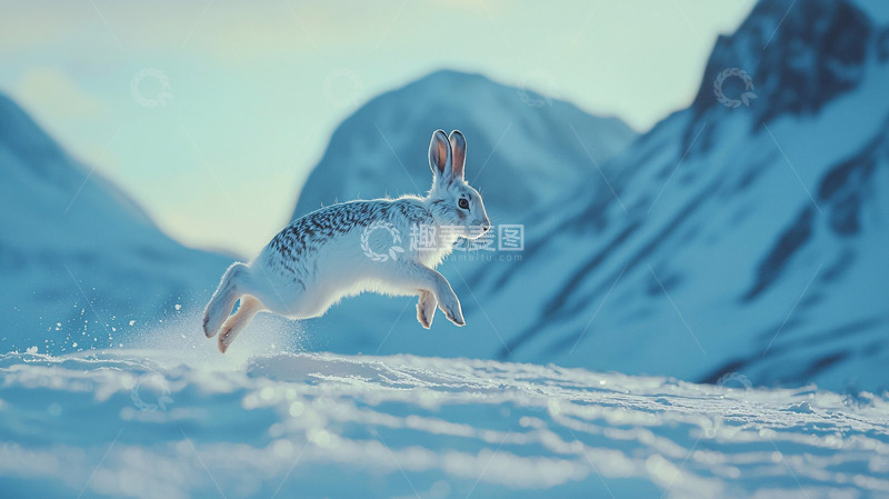 高清大图下载【趣麦麦图】雪地里跳跃的白色野兔