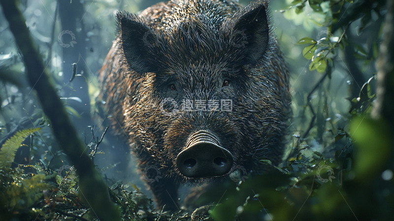 高清大图下载【趣麦麦图】森林中湿漉漉的野猪
