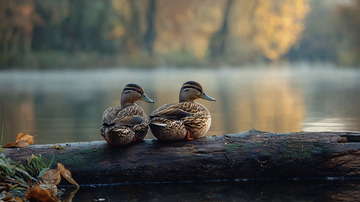 秋日清晨两只野鸭栖息木头上