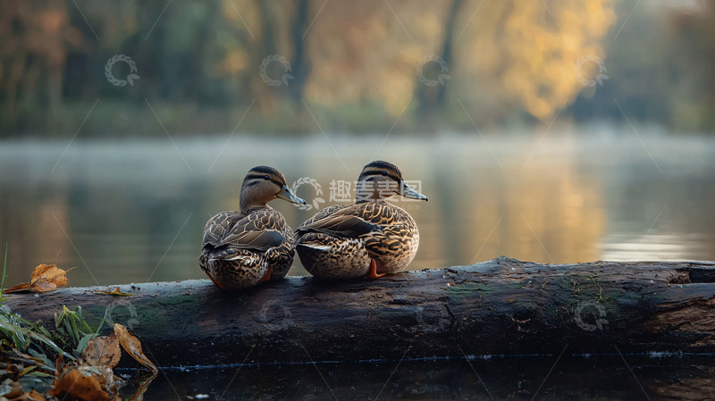 高清大图下载【趣麦麦图】秋日清晨两只野鸭栖息木头上