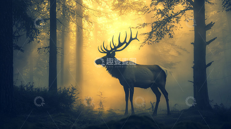 高清大图下载【趣麦麦图】森林清晨麋鹿