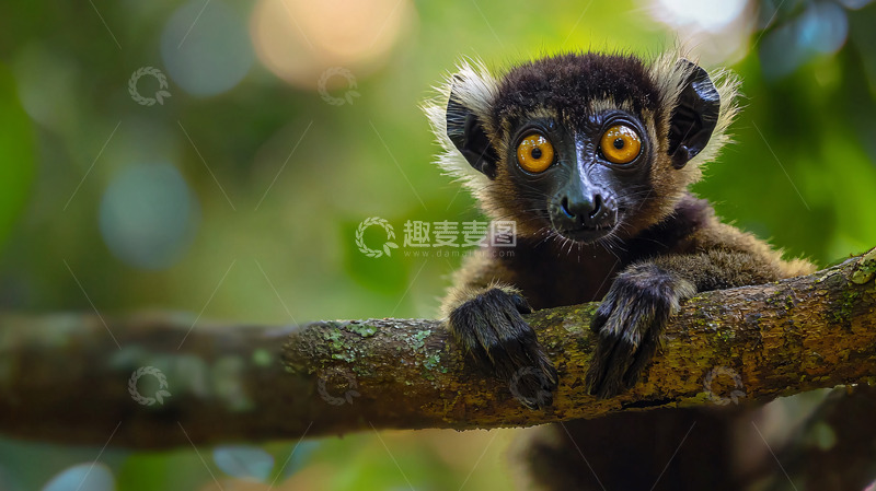 高清大图下载【趣麦麦图】黑白色狐猴幼崽树枝上