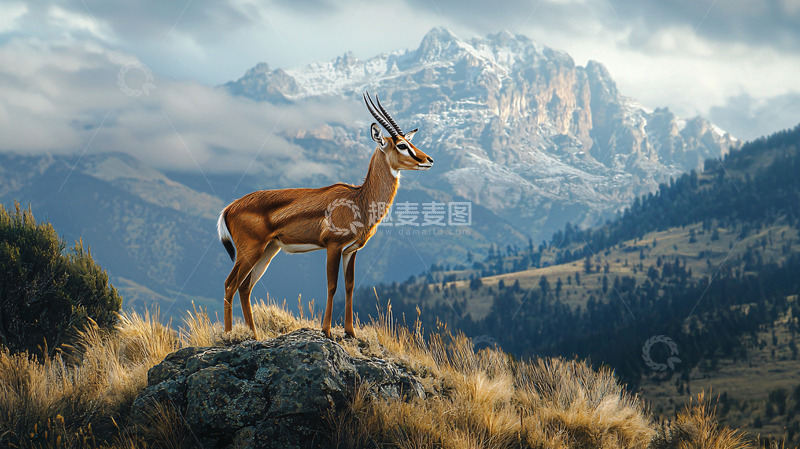高清大图下载【趣麦麦图】山地羚羊雪山背景