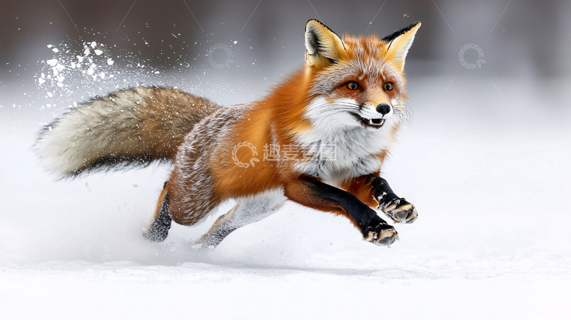 高清大图下载【趣麦麦图】雪地里奔跑的红狐狸