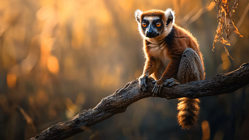 夕阳下树枝上的狐猴