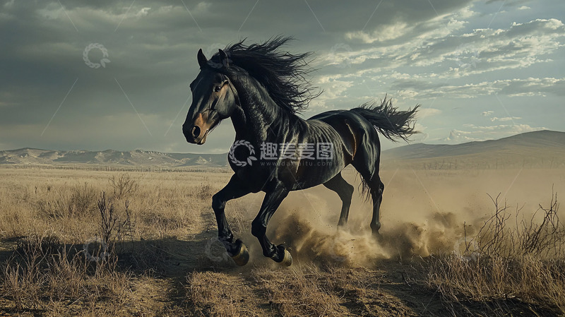 高清大图下载【趣麦麦图】奔腾的黑马