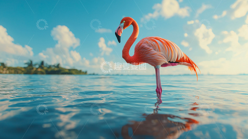 高清大图下载【趣麦麦图】粉色火烈鸟海边风景