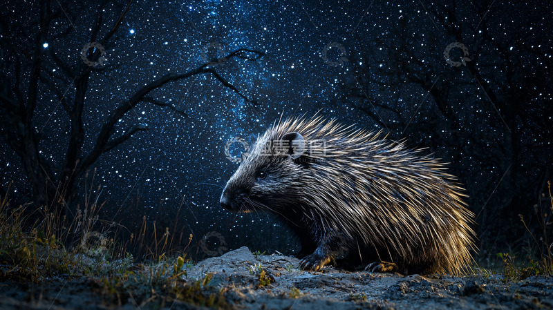 高清大图下载【趣麦麦图】夜空下的刺猬