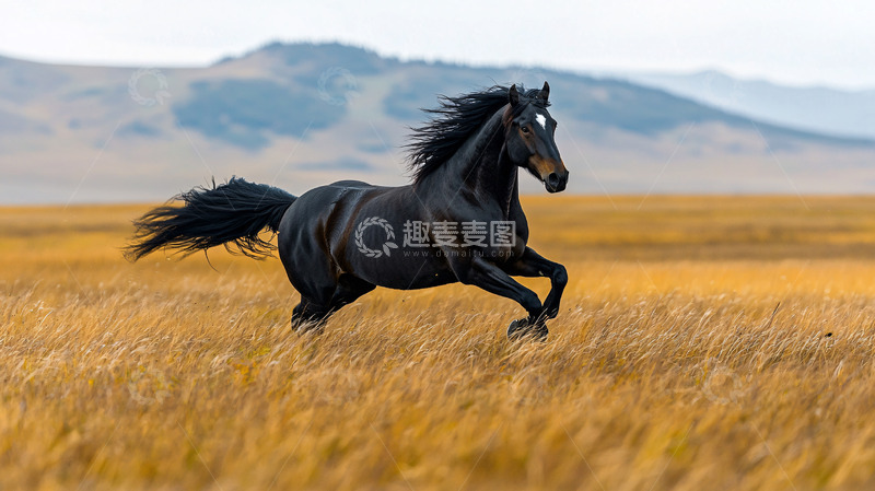 高清大图下载【趣麦麦图】黑马奔腾在金色草原