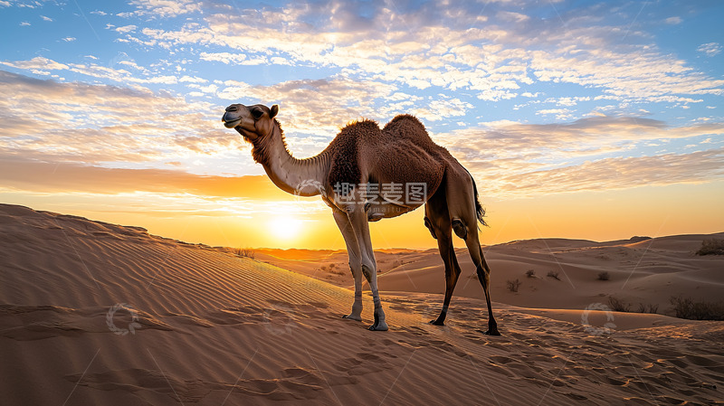 高清大图下载【趣麦麦图】沙漠骆驼日落