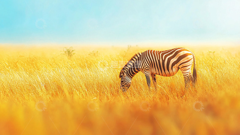 高清大图下载【趣麦麦图】斑马在金黄草原上吃草