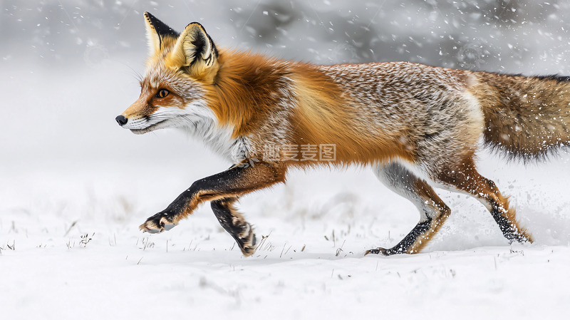 高清大图下载【趣麦麦图】雪地里奔跑的红狐