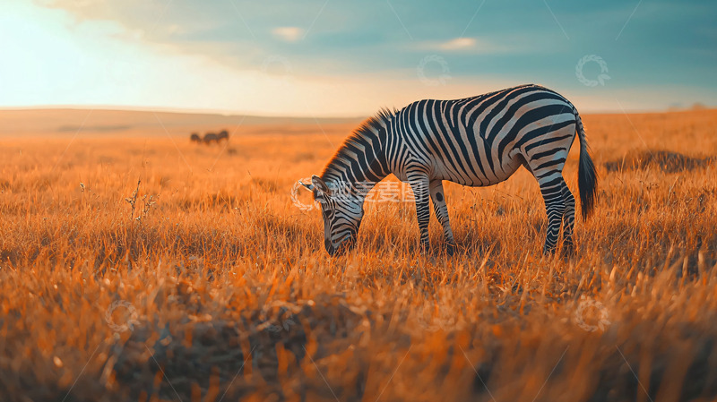 高清大图下载【趣麦麦图】斑马吃草的草原日落