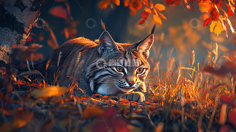 高清大图下载【趣麦麦图】秋日落叶丛中猞猁