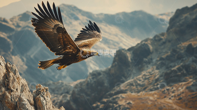 高清大图下载【趣麦麦图】金雕展翅飞翔山峦之间