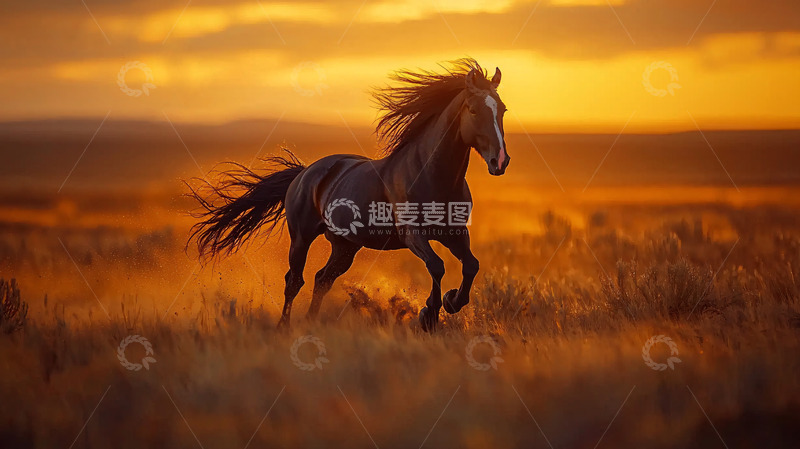 高清大图下载【趣麦麦图】落日草原奔腾黑马
