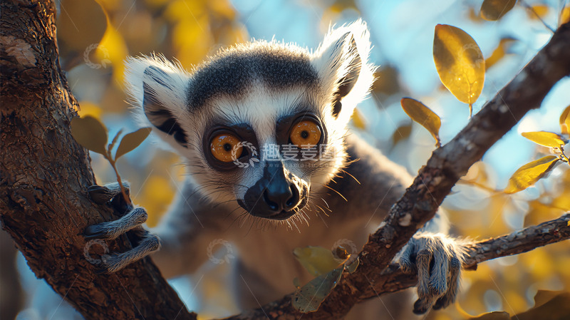 高清大图下载【趣麦麦图】树枝上的环尾狐猴幼崽