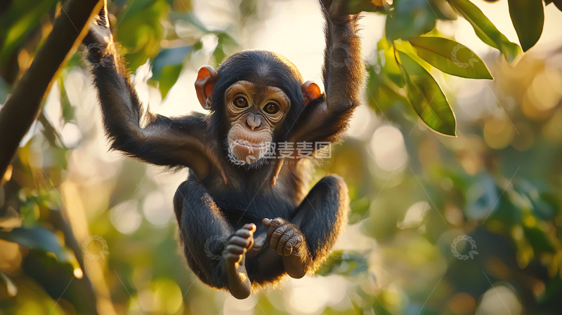 高清大图下载【趣麦麦图】树枝上可爱的小黑猩猩