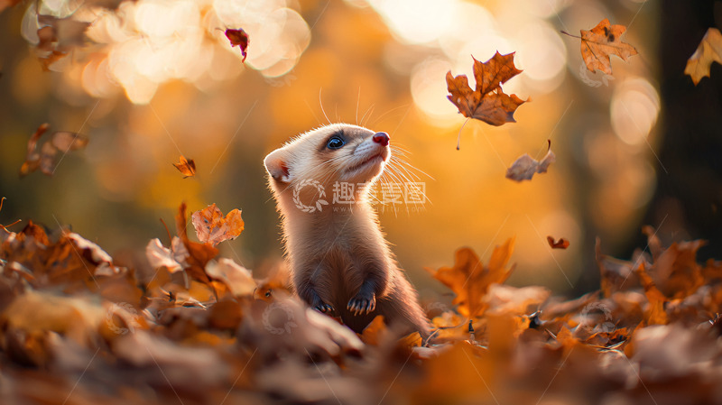 高清大图下载【趣麦麦图】秋日黄叶中可爱的小貂