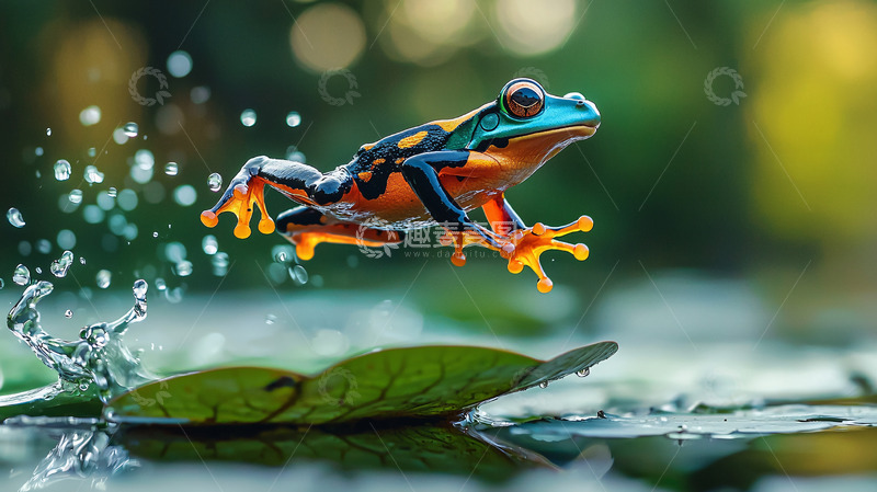 高清大图下载【趣麦麦图】彩色青蛙跳跃水面
