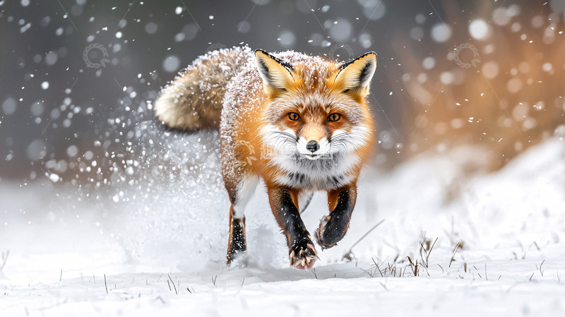 高清大图下载【趣麦麦图】雪地里奔跑的红狐