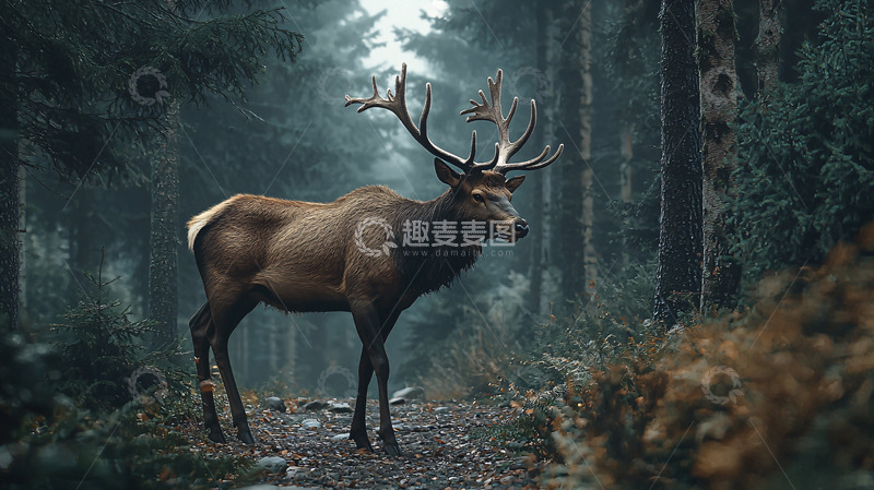 高清大图下载【趣麦麦图】森林深处的大角鹿