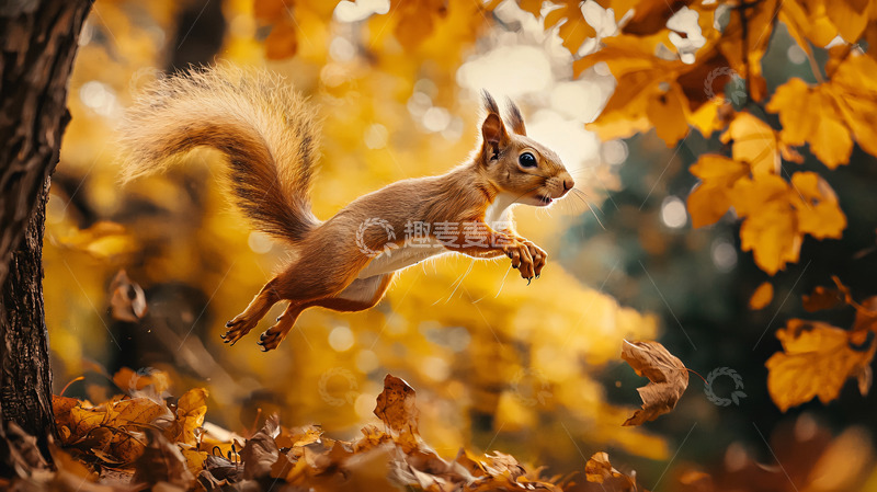 高清大图下载【趣麦麦图】秋日松鼠跳跃