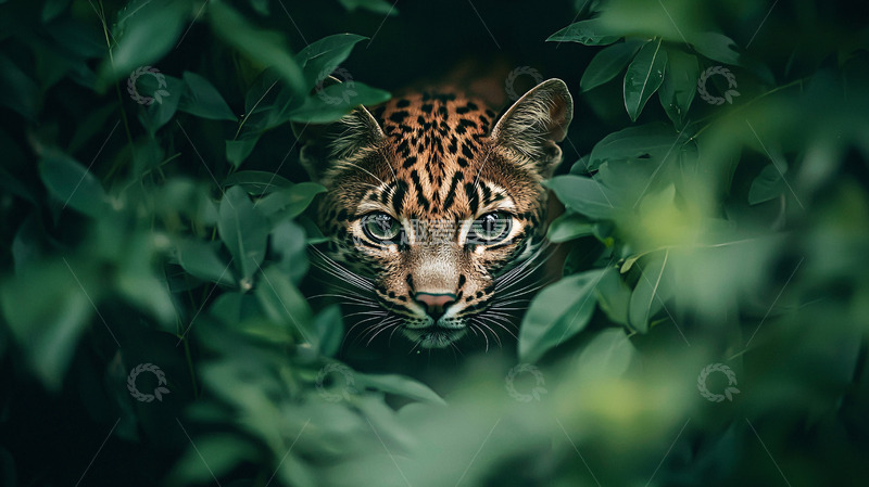 高清大图下载【趣麦麦图】绿叶丛中豹猫凝视