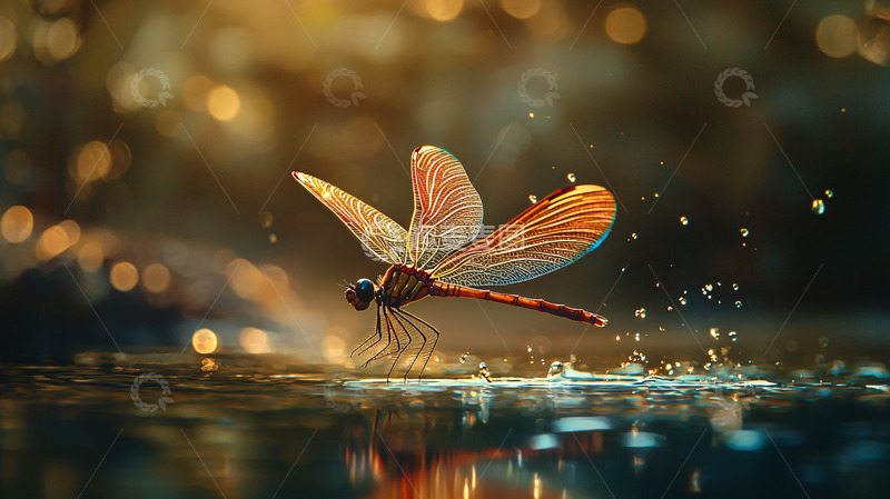 高清大图下载【趣麦麦图】金色蜻蜓水面起飞