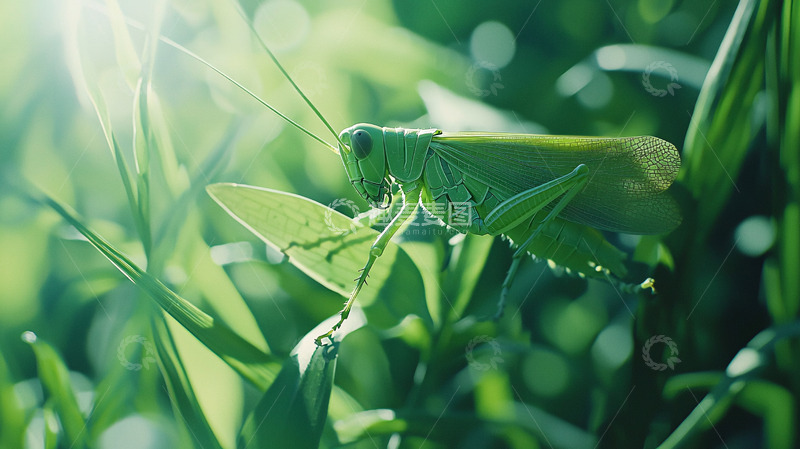高清大图下载【趣麦麦图】绿草丛中的绿色蚱蜢