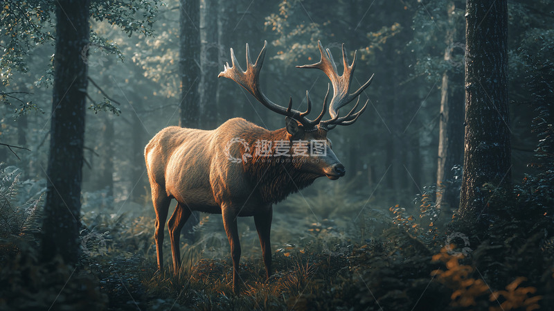 高清大图下载【趣麦麦图】森林深处的大角鹿