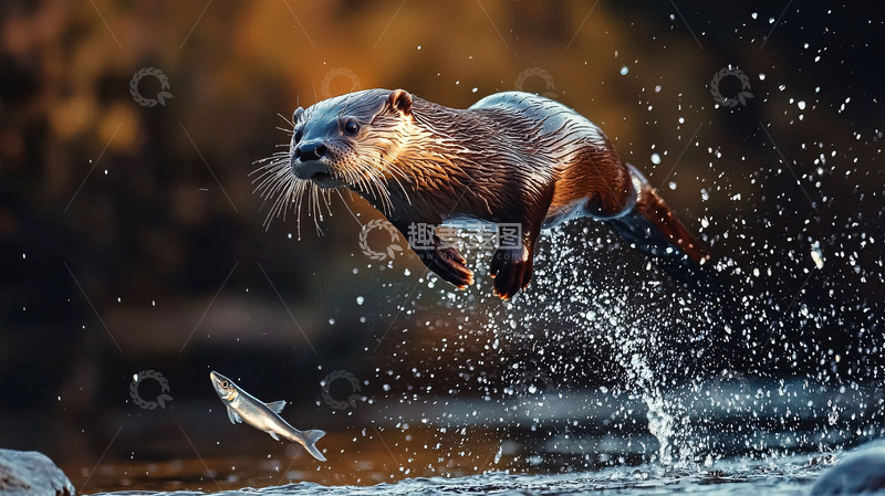 高清大图下载【趣麦麦图】水獭跃起捕鱼