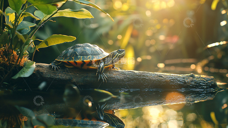 高清大图下载【趣麦麦图】阳光下树枝上的乌龟