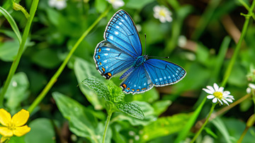 蓝蝴蝶停在绿叶上