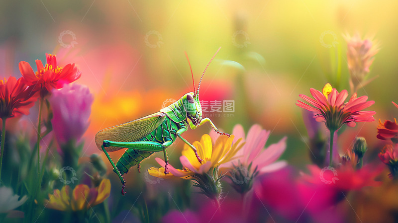 高清大图下载【趣麦麦图】绿色蚱蜢鲜花背景