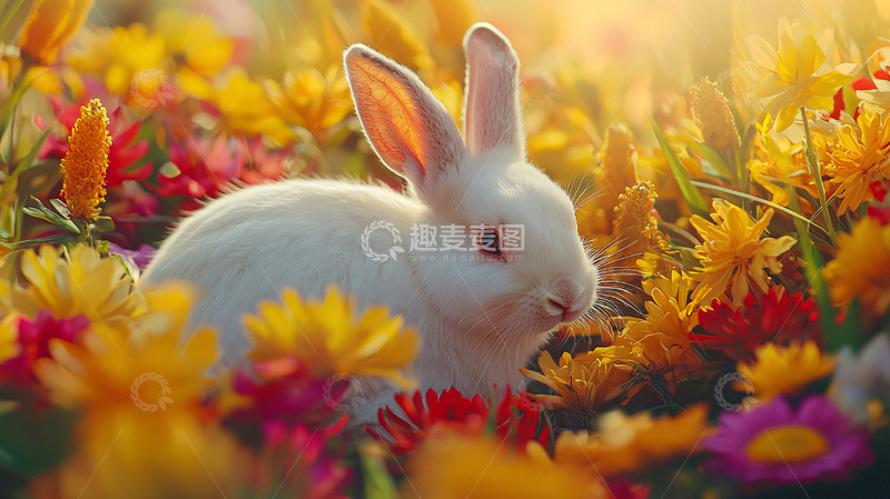 高清大图下载【趣麦麦图】白兔在花丛中