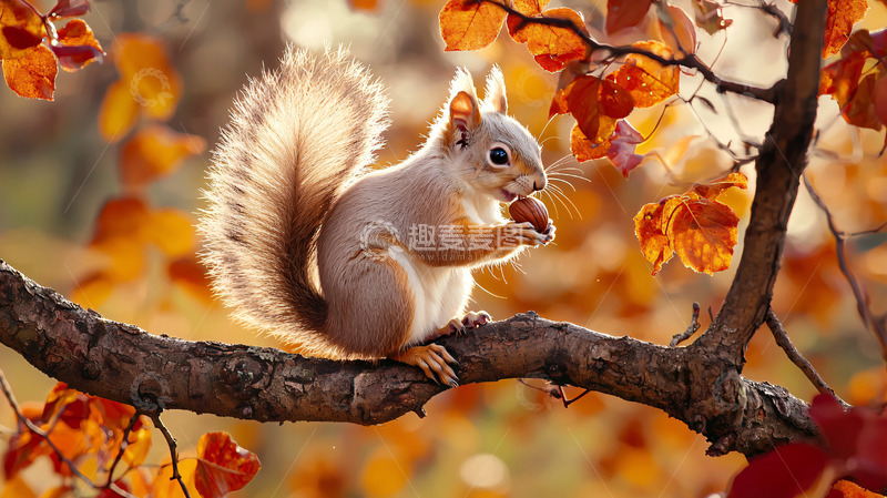 高清大图下载【趣麦麦图】秋天树枝上的松鼠