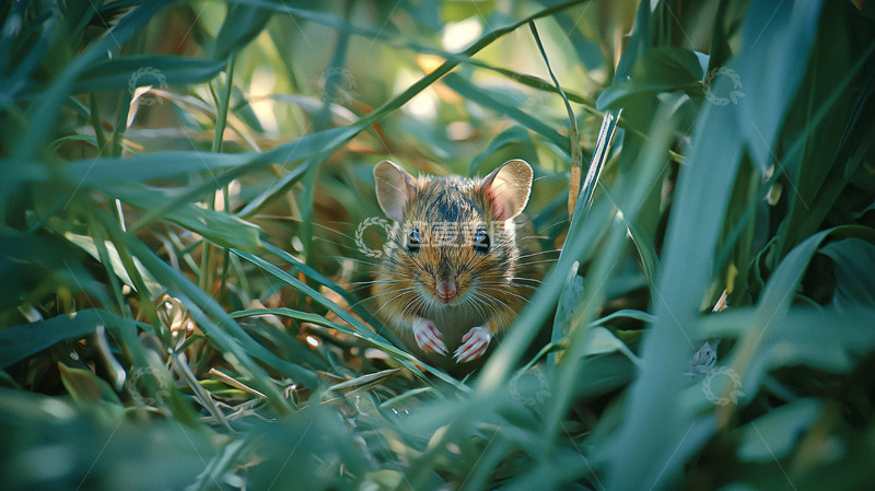 高清大图下载【趣麦麦图】小老鼠藏身在绿草丛中