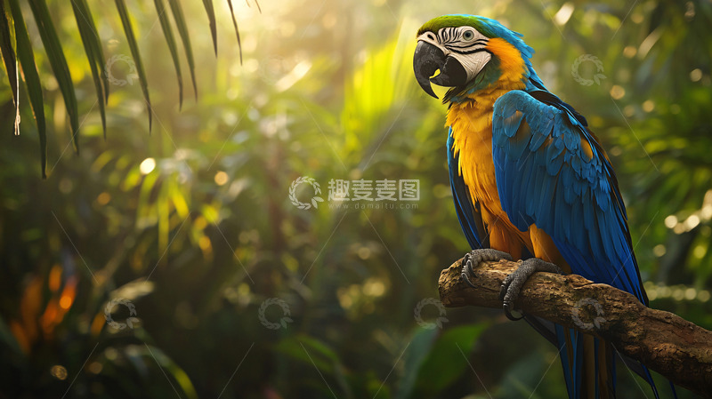 高清大图下载【趣麦麦图】蓝黄金刚鹦鹉栖息枝头