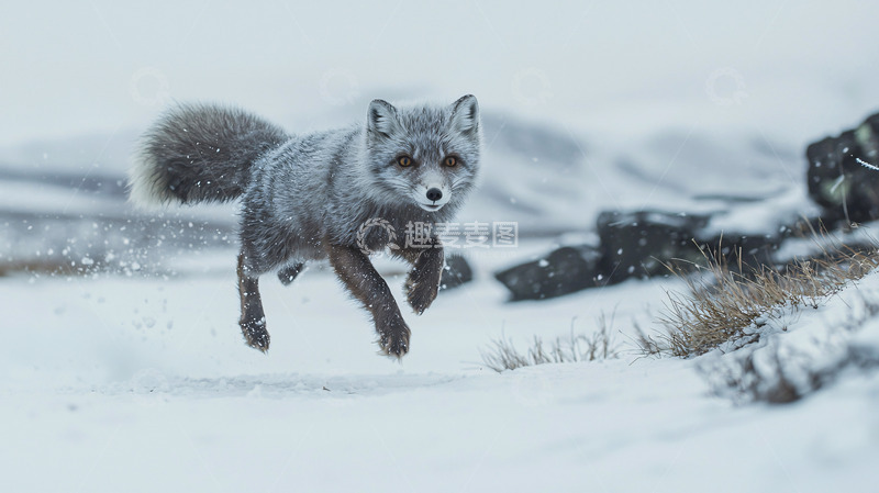 高清大图下载【趣麦麦图】雪地里奔跑的北极狐
