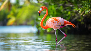 粉色火烈鸟水中漫步