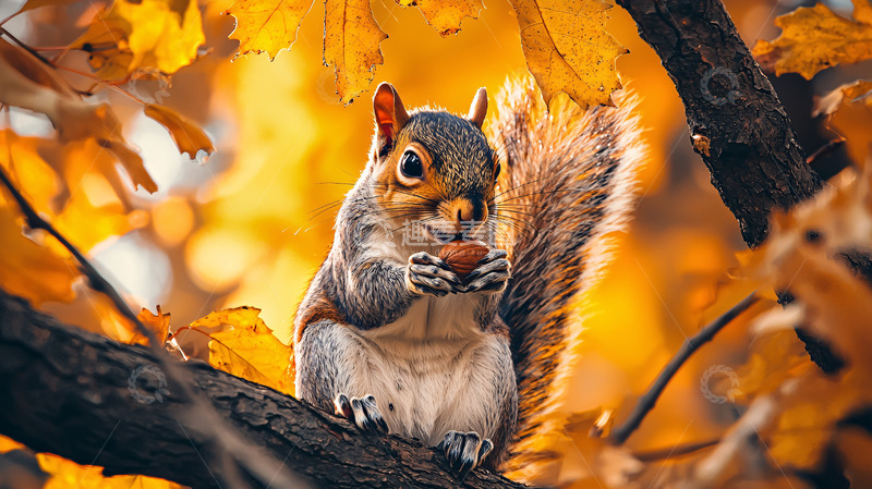 高清大图下载【趣麦麦图】秋天树枝上的松鼠