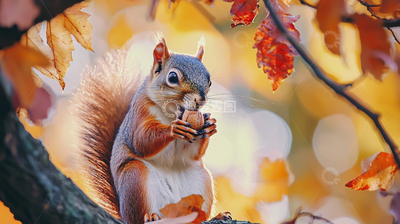高清大图下载【趣麦麦图】秋天树枝上吃橡子的松鼠