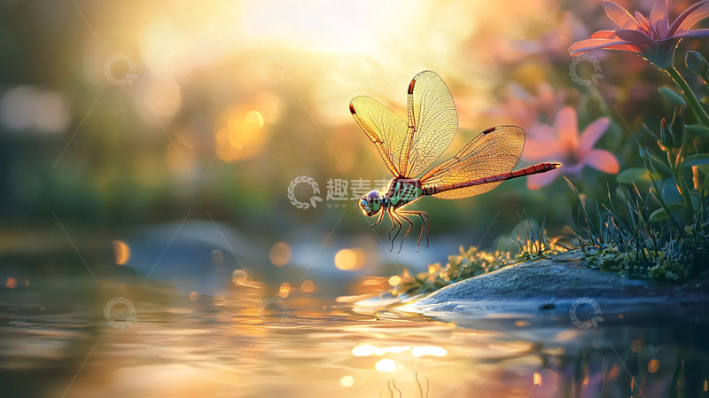 高清大图下载【趣麦麦图】夕阳下蜻蜓点水