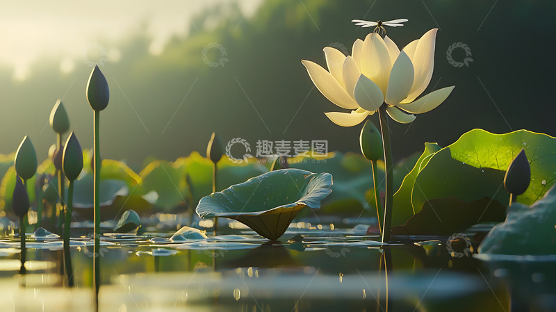 高清大图下载【趣麦麦图】蜻蜓停留白色绽放荷花图片