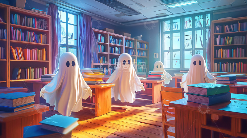 高清大图下载【趣麦麦图】幽灵在图书馆里看书