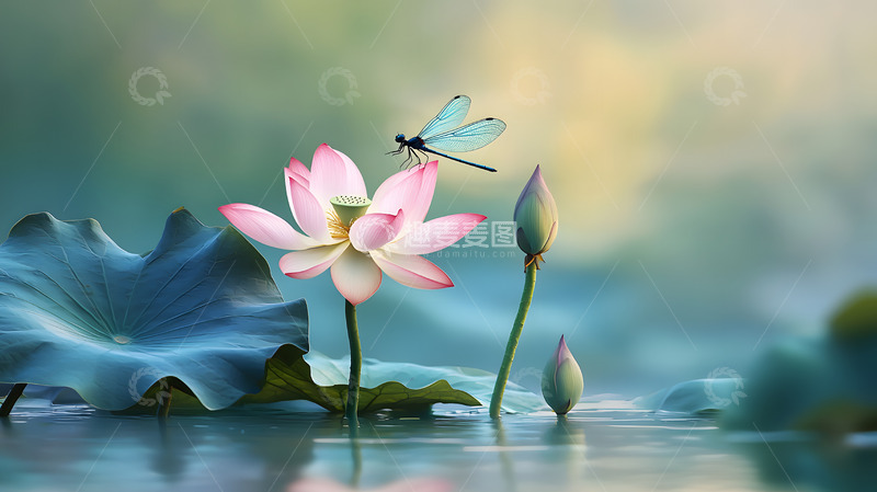 高清大图下载【趣麦麦图】一朵荷花上停留蜻蜓图片