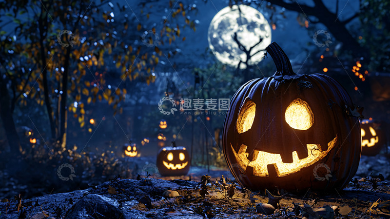 高清大图下载【趣麦麦图】万圣节南瓜灯森林夜景
