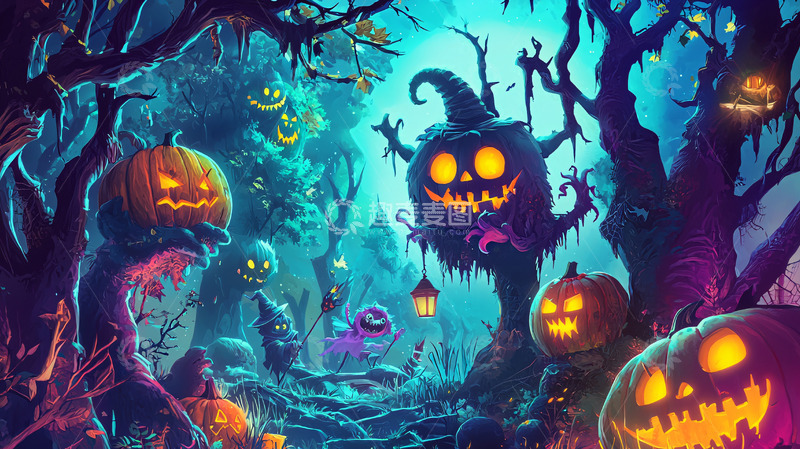 高清大图下载【趣麦麦图】卡通万圣节森林南瓜